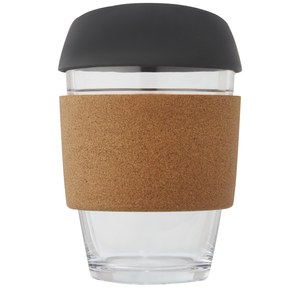 PF Concept 100665 - Lidan 360 ml borosilicate glass tumbler with cork grip and silicone lid Solid Black